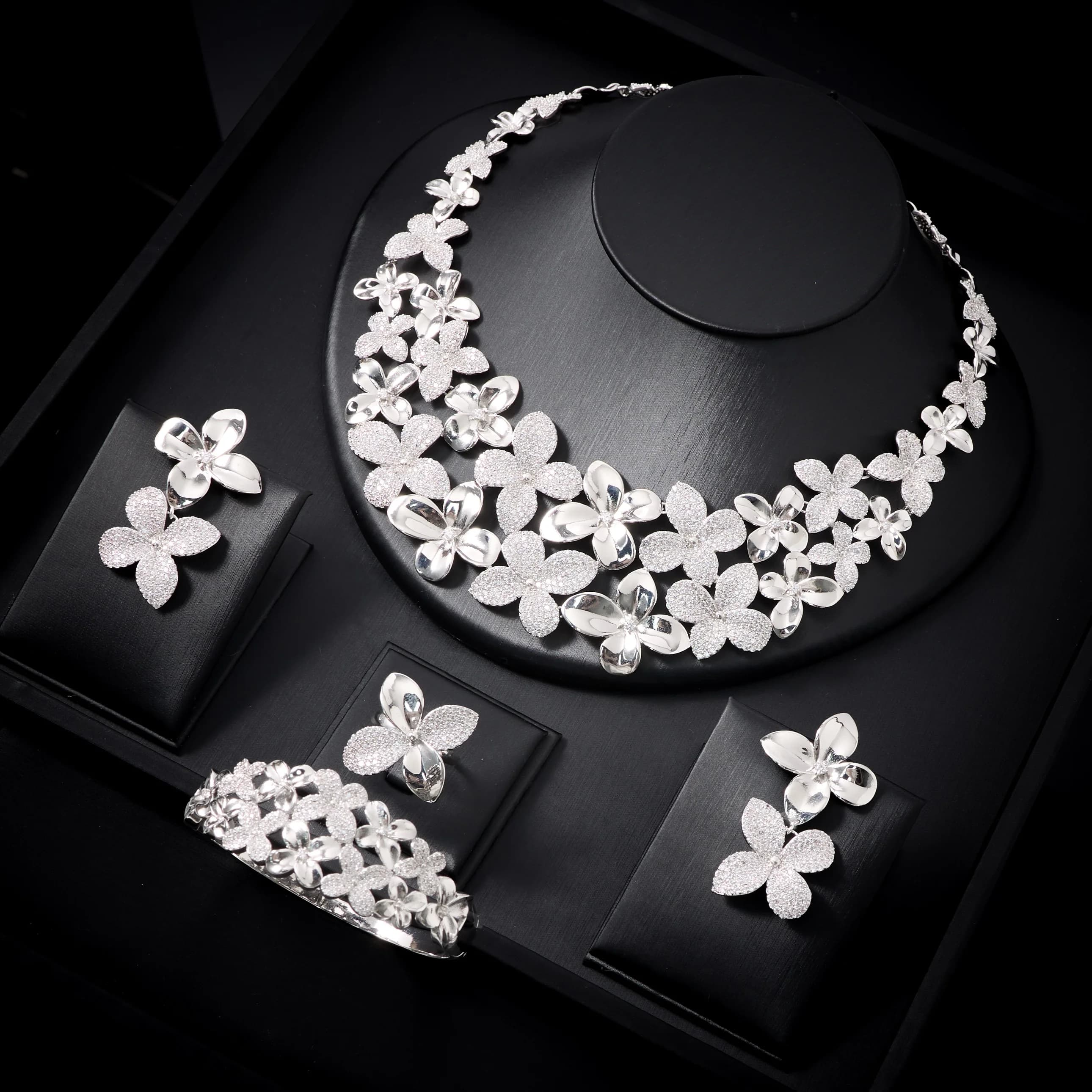 IN JEWELIFE Luxury Flower Jewelry Set 4Pcs For Women Cubic Zirconia Necklace Set Wedding Evening Party Statement Jewelry Sets Gi