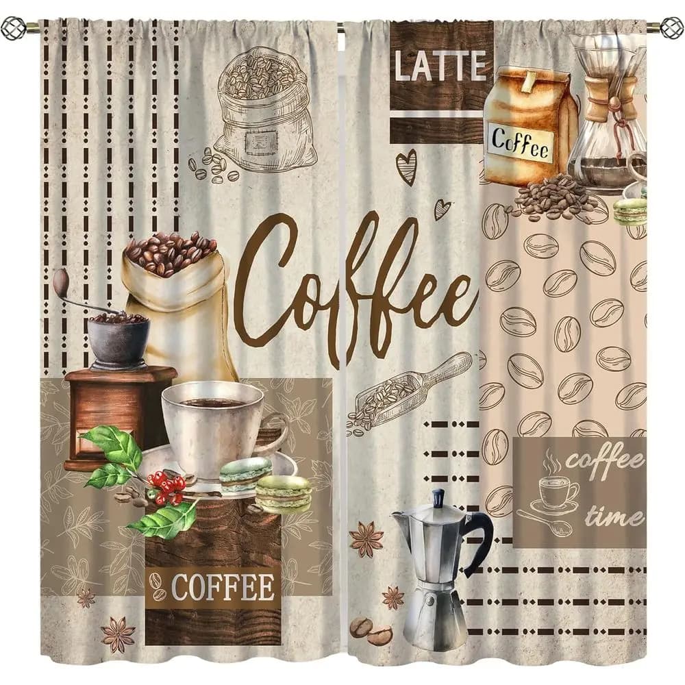 Rustic Brown Coffee-Themed Kitchen Curtains for Leisurely Dining & Living Spaces, 84x84 inches