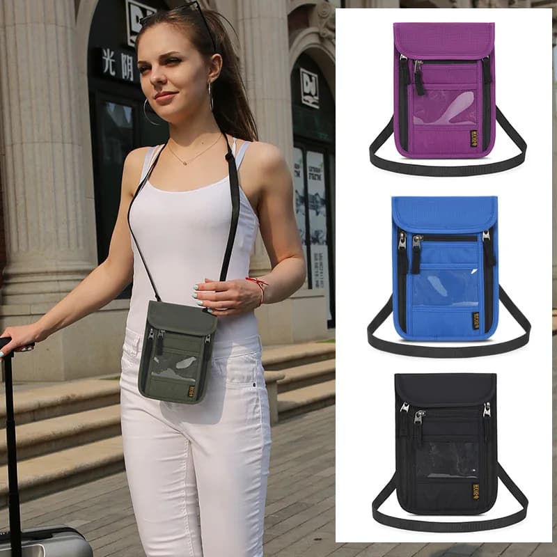 Portafoglio portatile multitasche impermeabile in tessuto Oxford per carte RFID, certificato per il collo, portafoglio portatile per riporre passaporti
