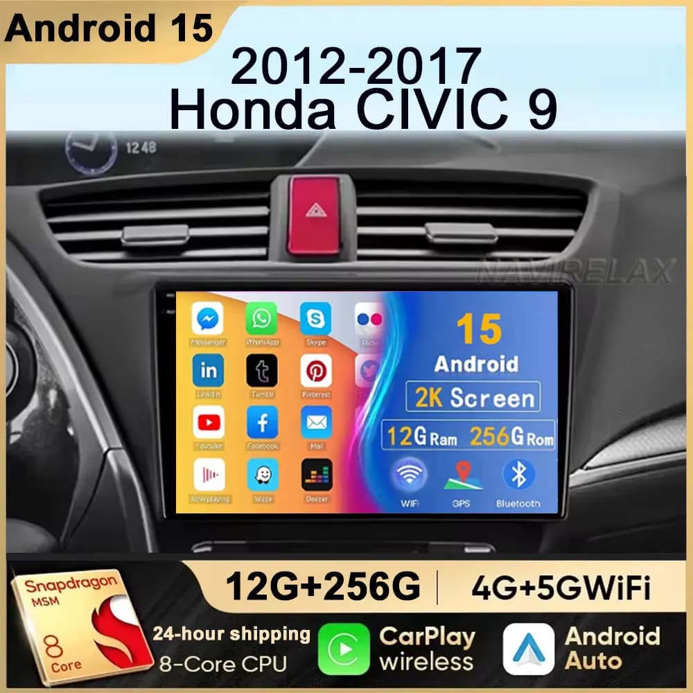 Android 15 Carplay Autoradio Per Honda CIVIC Hatchback 2012 2013 2014 2015 2016 2017 Lettore Multimediale di Navigazione GPS Stereo