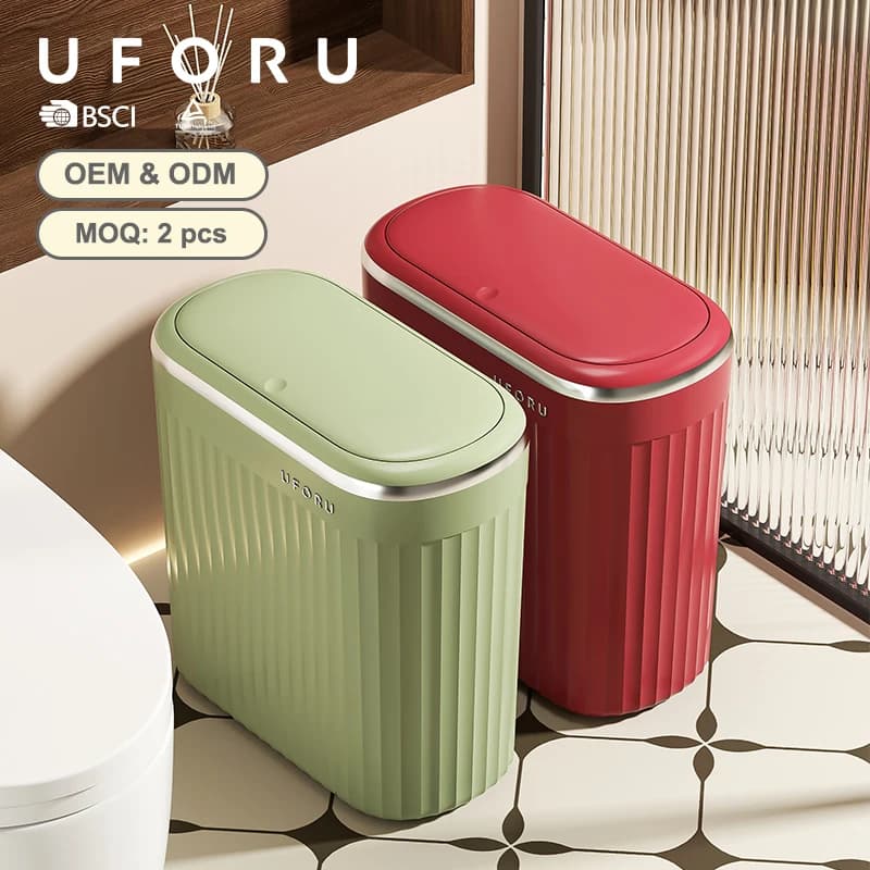 Pattumiera angolare estetica UFORU – Bordo morbido e rotondo con coperchio a pressione per bagno/soggiorno