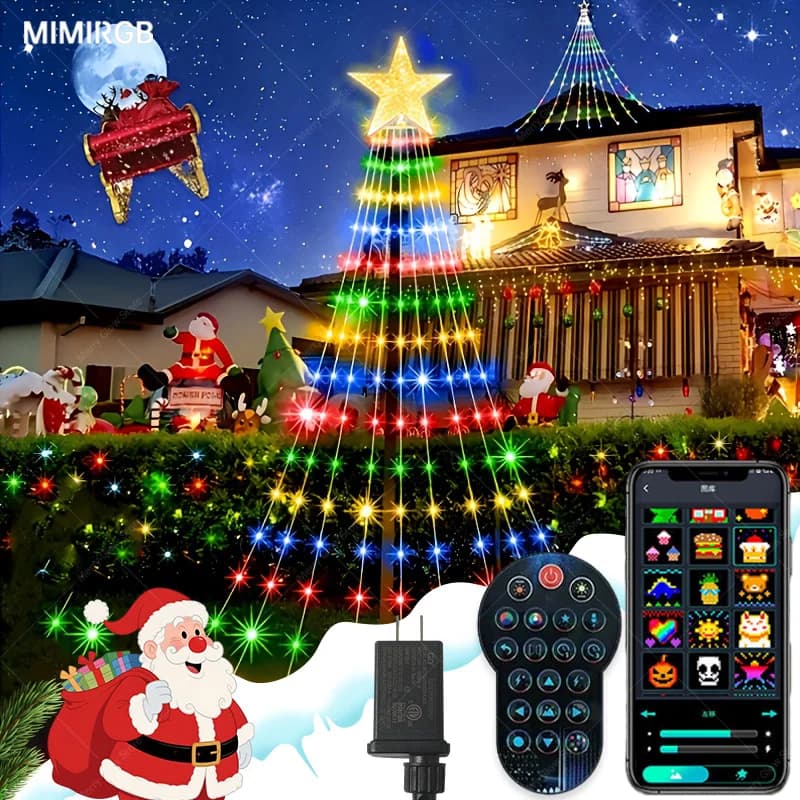 Luci intelligenti per albero di Natale con topper a stella, lampade a corda esterne con sincronizzazione musicale con telecomando e controllato da APP per l'esposizione del cortile