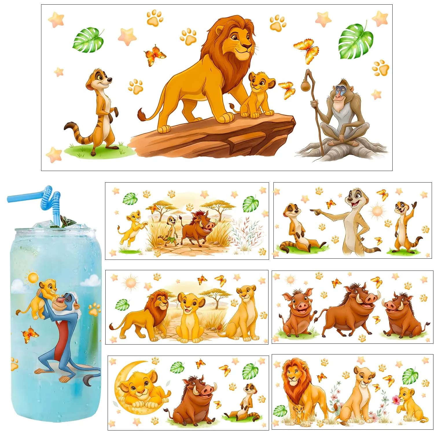 Set di 5 Adesivi UV DTF con Simba, Decorazioni Fai-da-Te, Trasferimenti 3D, Adesivi UV DTF per Tazze da 16 oz