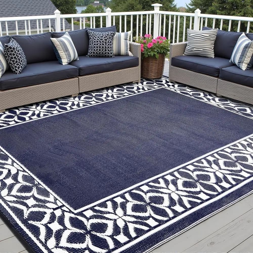 Large Navy Blue Outdoor Patio Rug - Waterproof Reversible 9x12 Carpet for Deck, Balcony, Beach, RV Camping