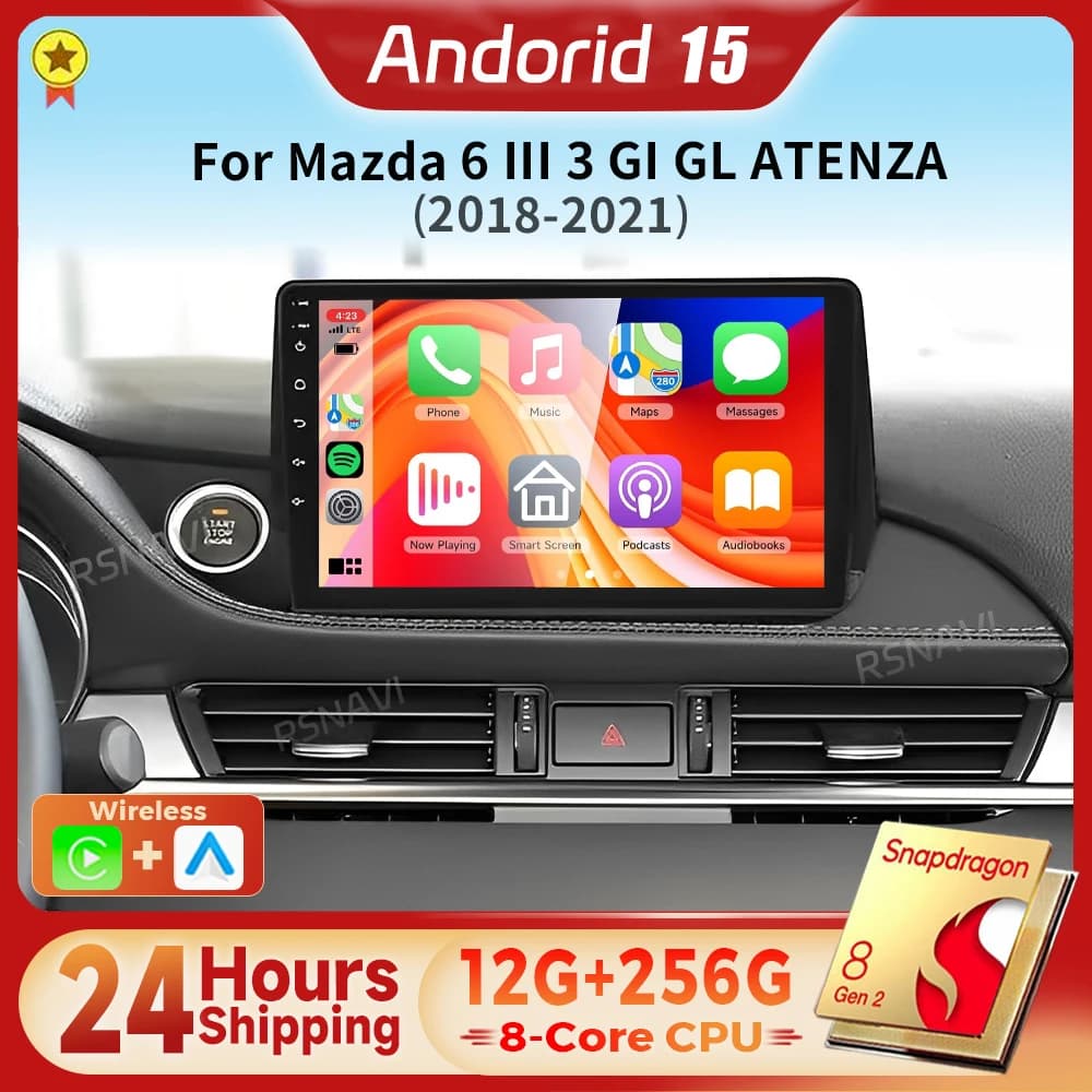 Android 15 Qualcomm Carplay Auto 2K Schermo Autoradio Lettore Video Multimediale Per Mazda 6 III 3 GJ GL 2018 - 2021 GPS Snapdragon