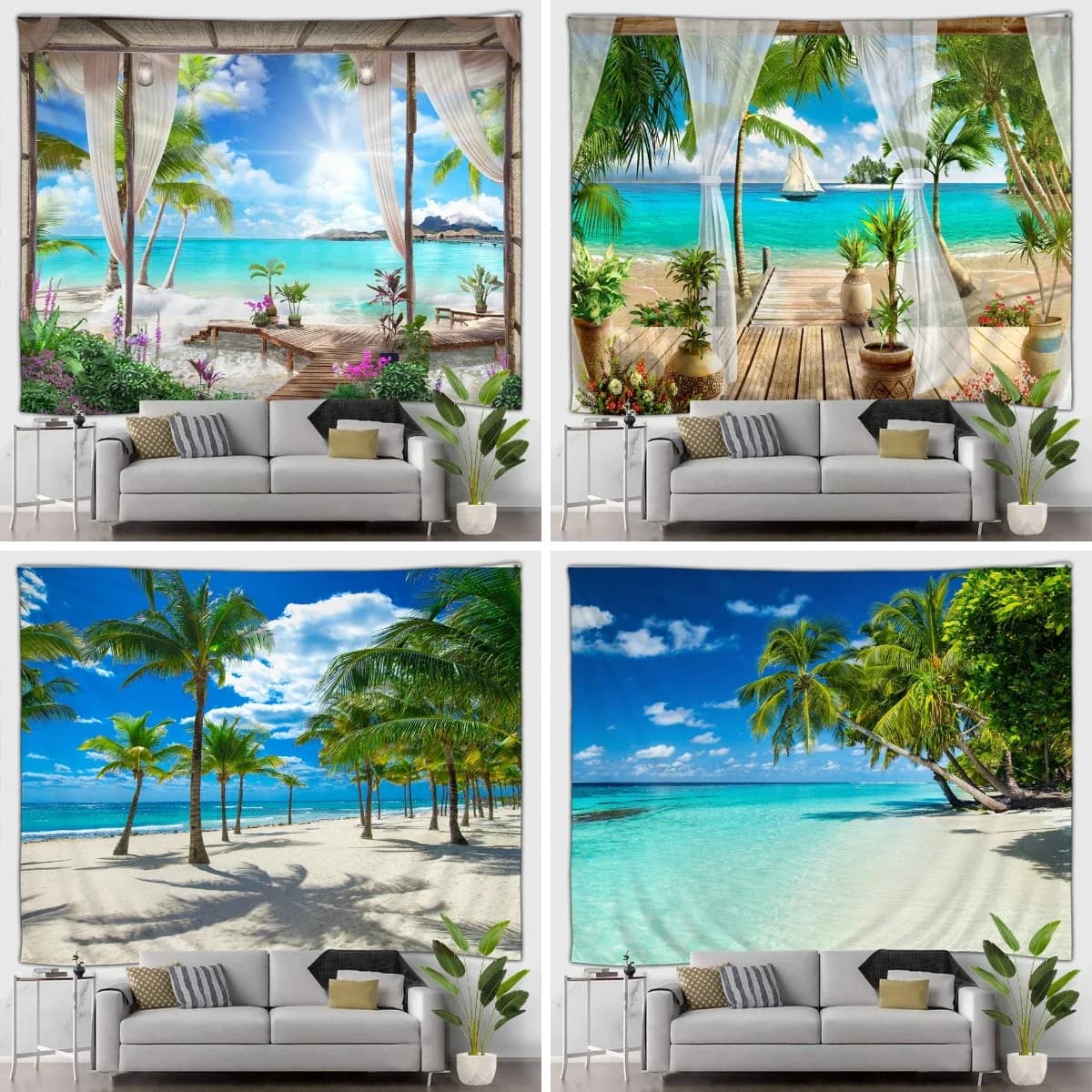 Beach Decor Tapestry Ocean Sea Tropical Island Palm Tree Scenic View From Balcony Summer Tropical Scenery Wall Hanging Tapestry