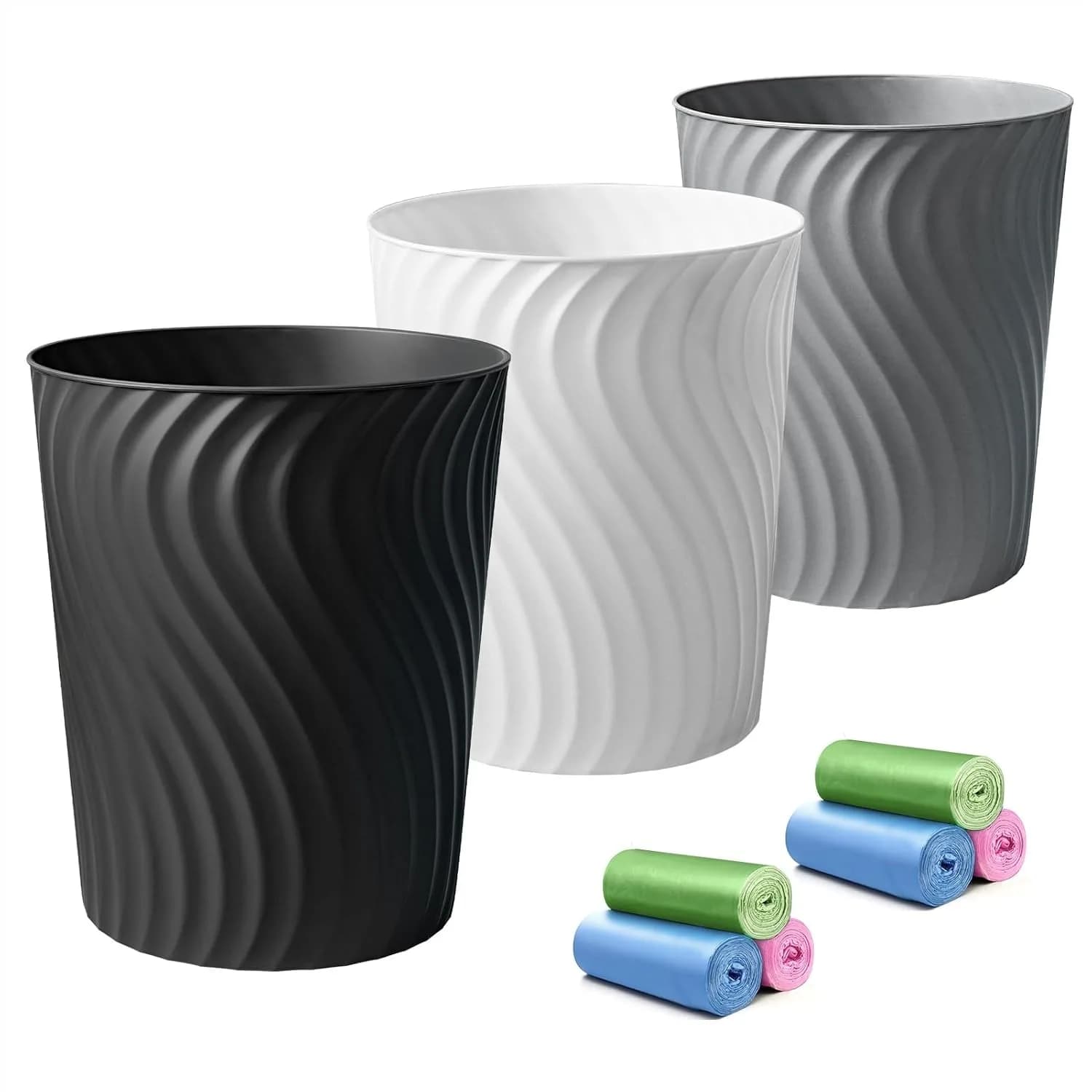 3 Pack 1.8 Gallon Small Trash Can for Bathroom, Kitchen, Office, Dorm, Bedroom, Plastic Waste Basket with Lid (White, Black