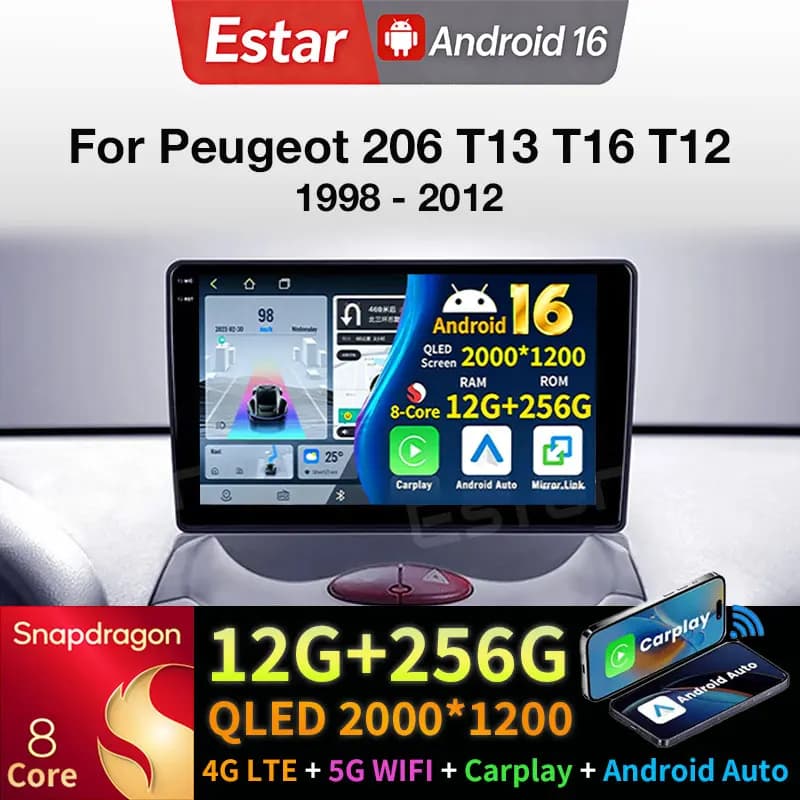 Android 16 Car Radio For Peugeot 206 T13 T16 T12 1998 - 2012 GPS Multimedia Player Navi Wireless Carplay Head Unit BT 360 Camera