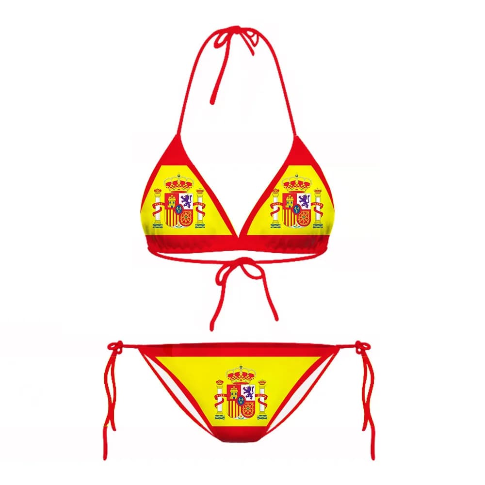 CLOOCL Set bikini with Spanish flag, fashionable sexy swimsuit with 3D print, beach swimsuit, swimming pool, holiday, with adjustable lacing, without padding on the chest