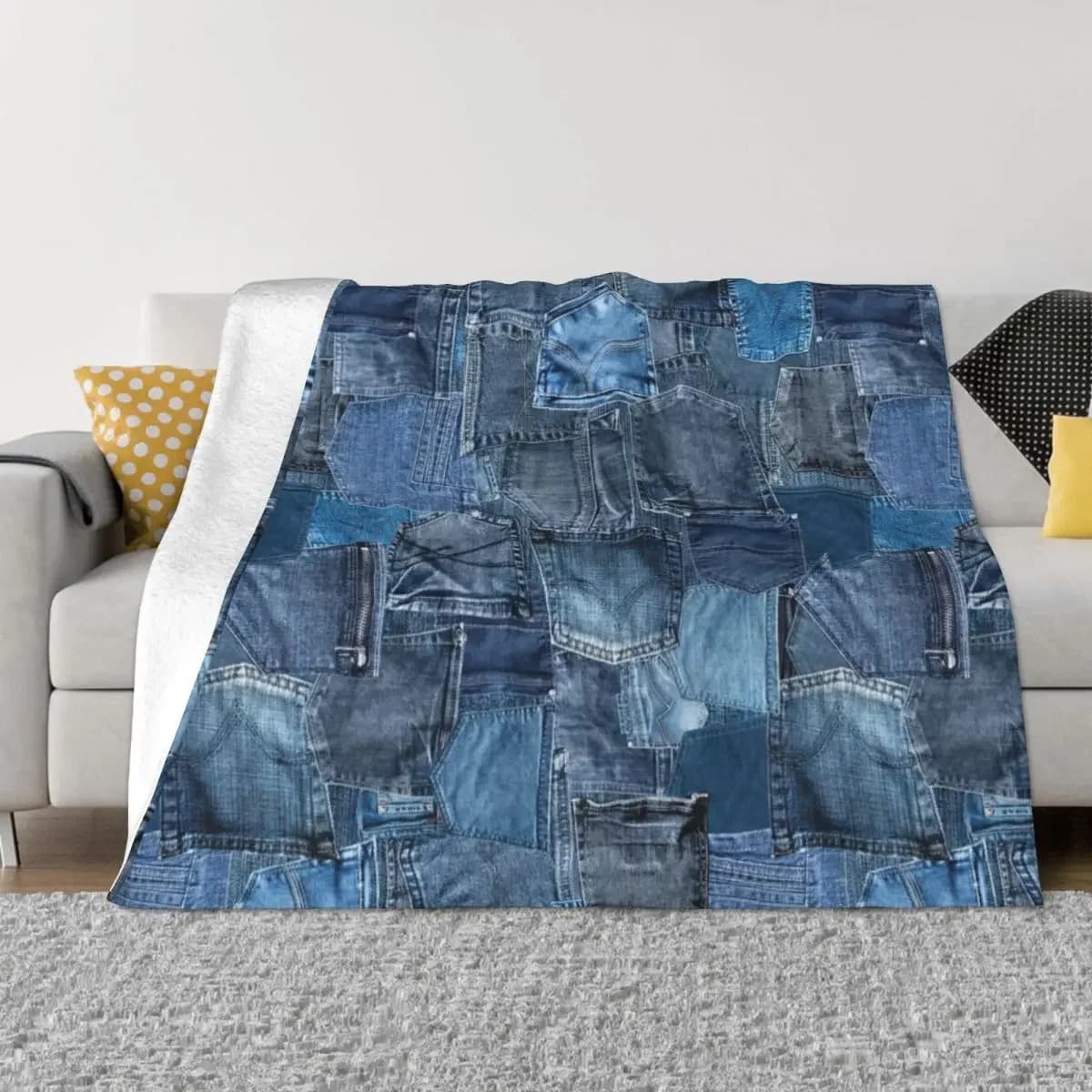 Coperta da tiro patchwork tascabile in denim blu, letto grande peloso, coperta per sacco a pelo lanuginoso e soffice alla moda