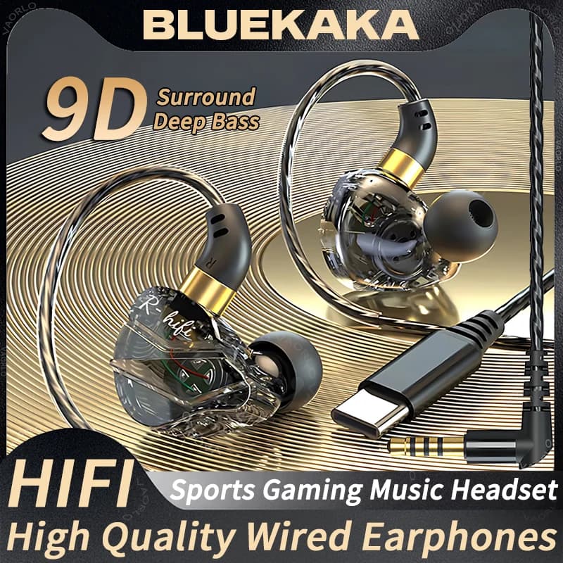 BLUEKAKA 3.5mm Jack Type C Plug HIFI Bass Wired Headphones In-Ear Headset Gamer Auricular speaker for Samsung For iPhone