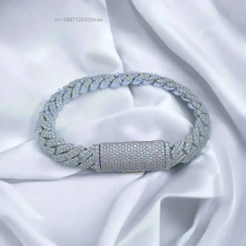 Luxury Wuzhou Hip Hop Buss Down Custom Cuban Chain 10mm Prong Iced Out Moissanite 925 Sterling Silver Cuban Link Bracelet.