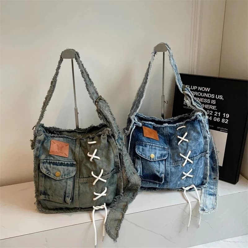 Washed Denim Shoulder Bag For Women Large Capacity Soft Jeans Messenger Tote Handbag For Shopping And Travel