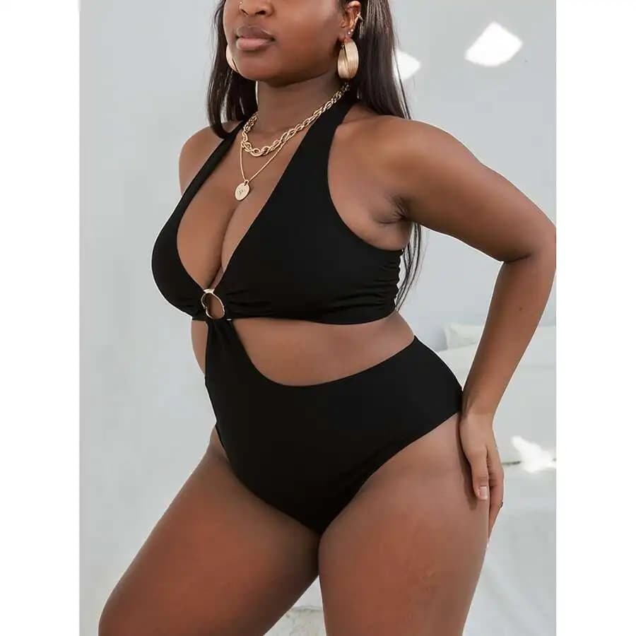 Plus Size Women Halter O-Ring Cutout Swimsuit With Tummy Control Black