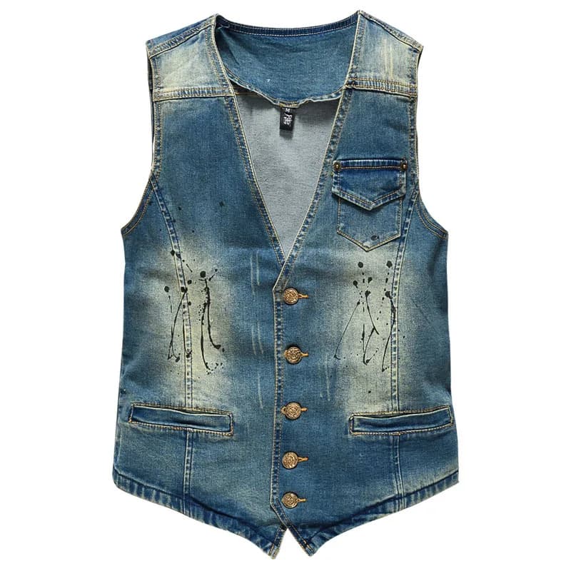 Primavera Autunno Nuovi Uomini di Modo V-nevk Spruzzi di Inchiostro Vintage Blu Senza Maniche Giacca di Jeans Casual Alla Moda Gilet di Jeans Cappotto Streetwear
