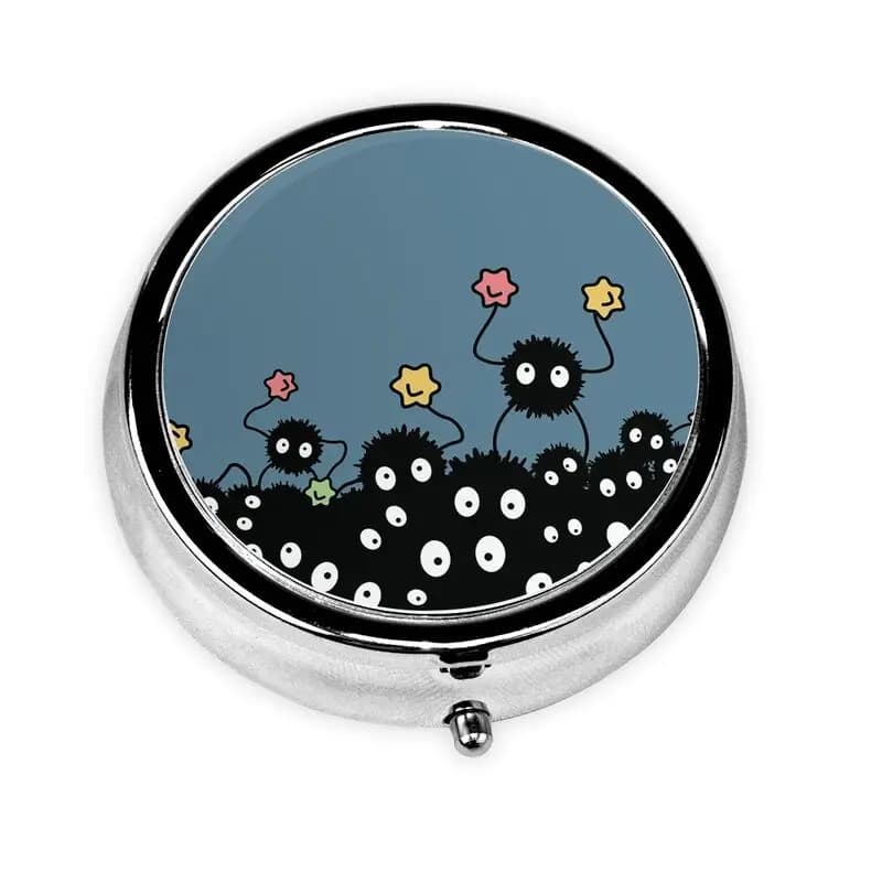 Laptop with Sympathizers Soot Sprites, Travel Pills Container for Pocket or Bag, 3 Parts for Vitamins and Fish Oil
