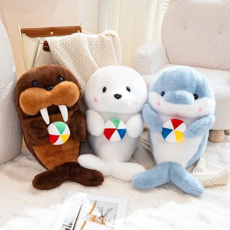 Peluche Animali della Serie Acquario Marino: Delfino, Foca, Morsa - Morbidi Cuscini Decorativi a Forma di Cartone Animato