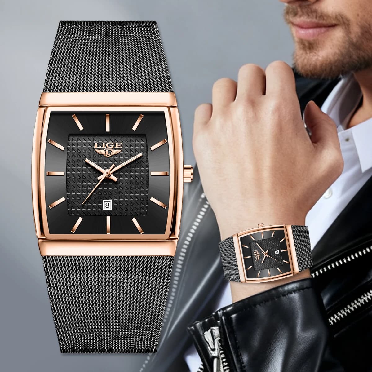 LIGE Top Luxury Watch For Men Stainless Steel Mesh Date Waterproof Luminous Man Wristwatch Casual Rectangle Quartz Men's Watches