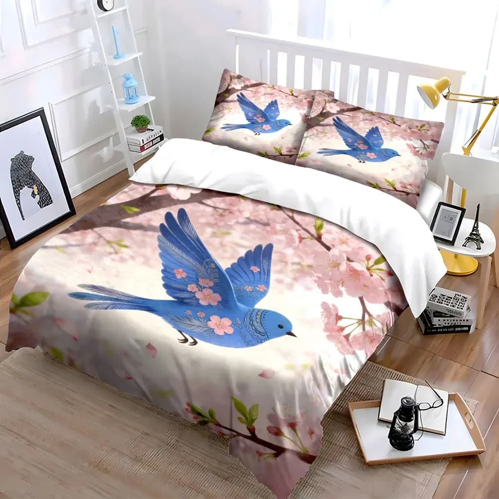 Set di decorazioni primaverili con uccelli, morbido e confortevole set di biancheria da letto con copripiumino, include 1 copripiumino e 2 federe, idea regalo