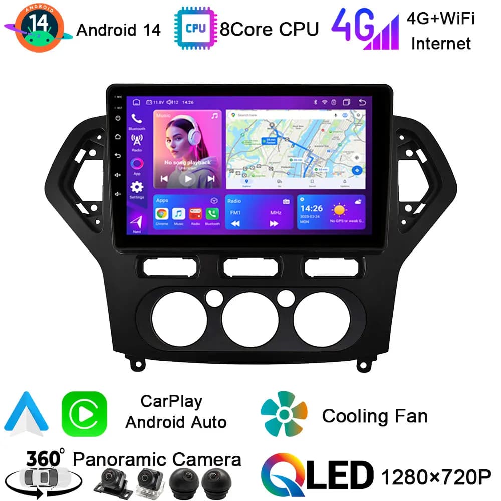 Android 14 For Ford Fusion Mondeo 2007-2010 QLED Stereo Car Radio Multimedia Video Player GPS Voice CarPlay Head Unit Navigation