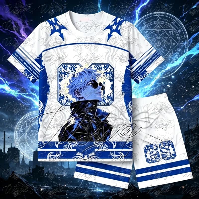 Jujutsu Kaisen Gojo Satoru Print 2 Piece Outfit Summer Basketball Football Rugby Short Sleeve Shirt Shorts Set Unisex Tracksuit
