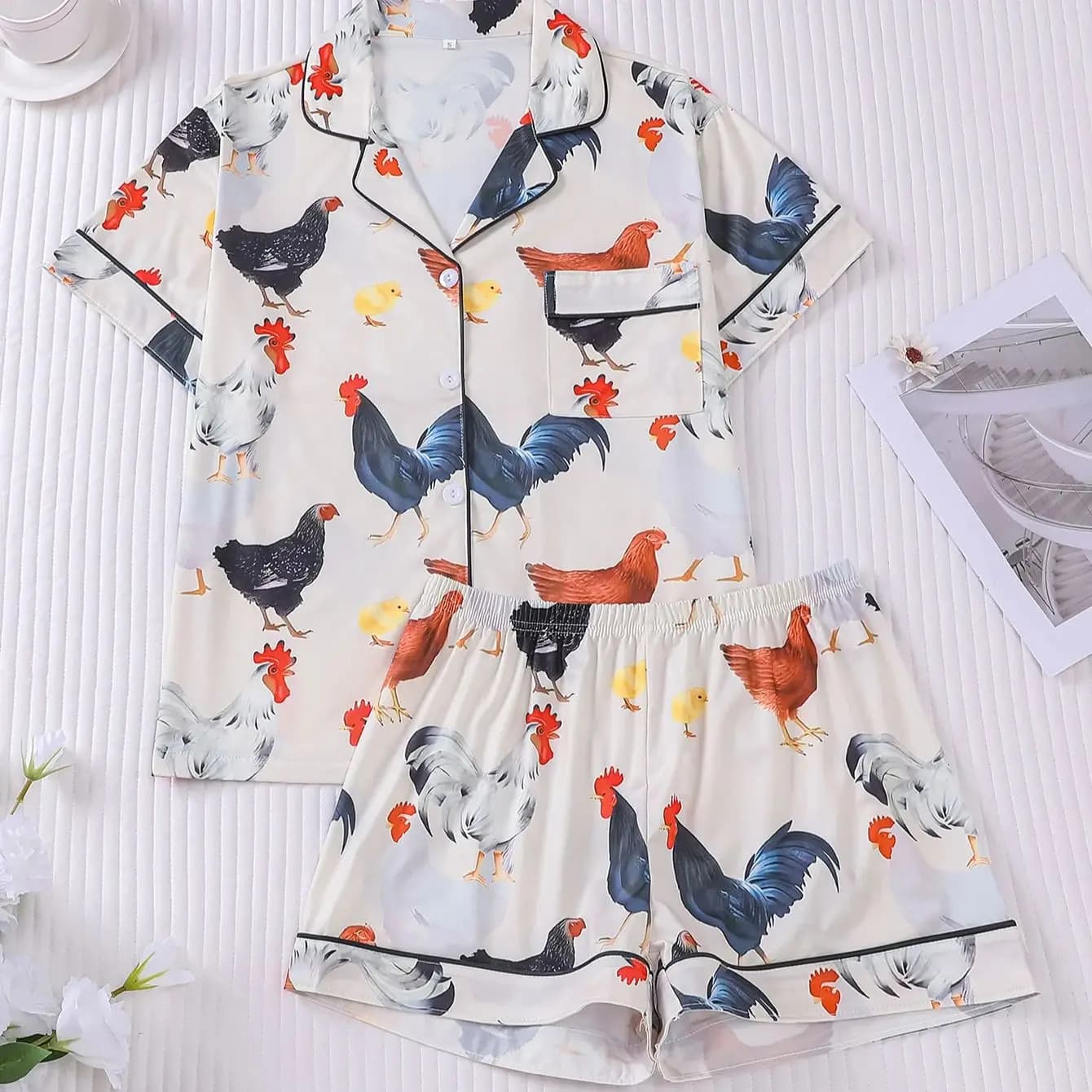 Farm Animal Lover Rooster & Chick Sleep Set – Soft short sleeve pajamas for women, casual nightwear