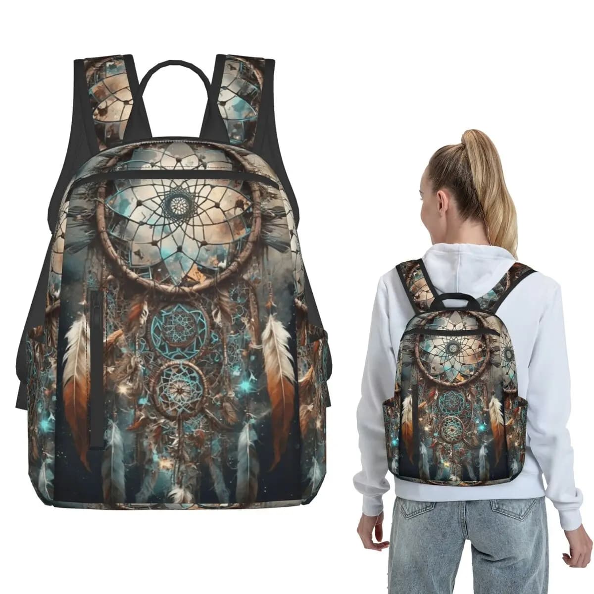 Ethnic Eagle Feathers Dreamcatcher Backpack Large Capacity Kids BookBag School Bag Shoulder Bags for Men Women
