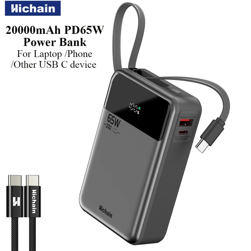 Hichain PD65W Power Bank 20000mAh con cavo USB-C integrato, caricabatterie multifunzione per laptop, auricolari, tablet e altri dispositivi