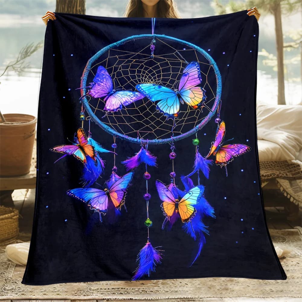 Dreamcatcher Butterfly Magic Night Sky Fleece Blanket Boho Style Soft Flannel Throw Spiritual Decor Gift for Dreamers