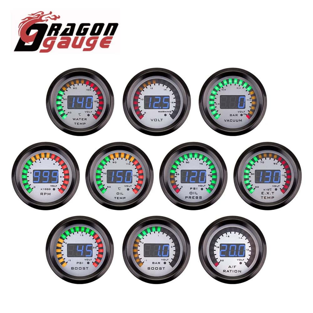 「DRAGON」Contagiri da 2" 52mm Voltmetro Barra boost/psi Vuoto Rapporto aria-carburante Temperatura acqua Temp olio Pressa olio Manometro EGT per auto 12V
