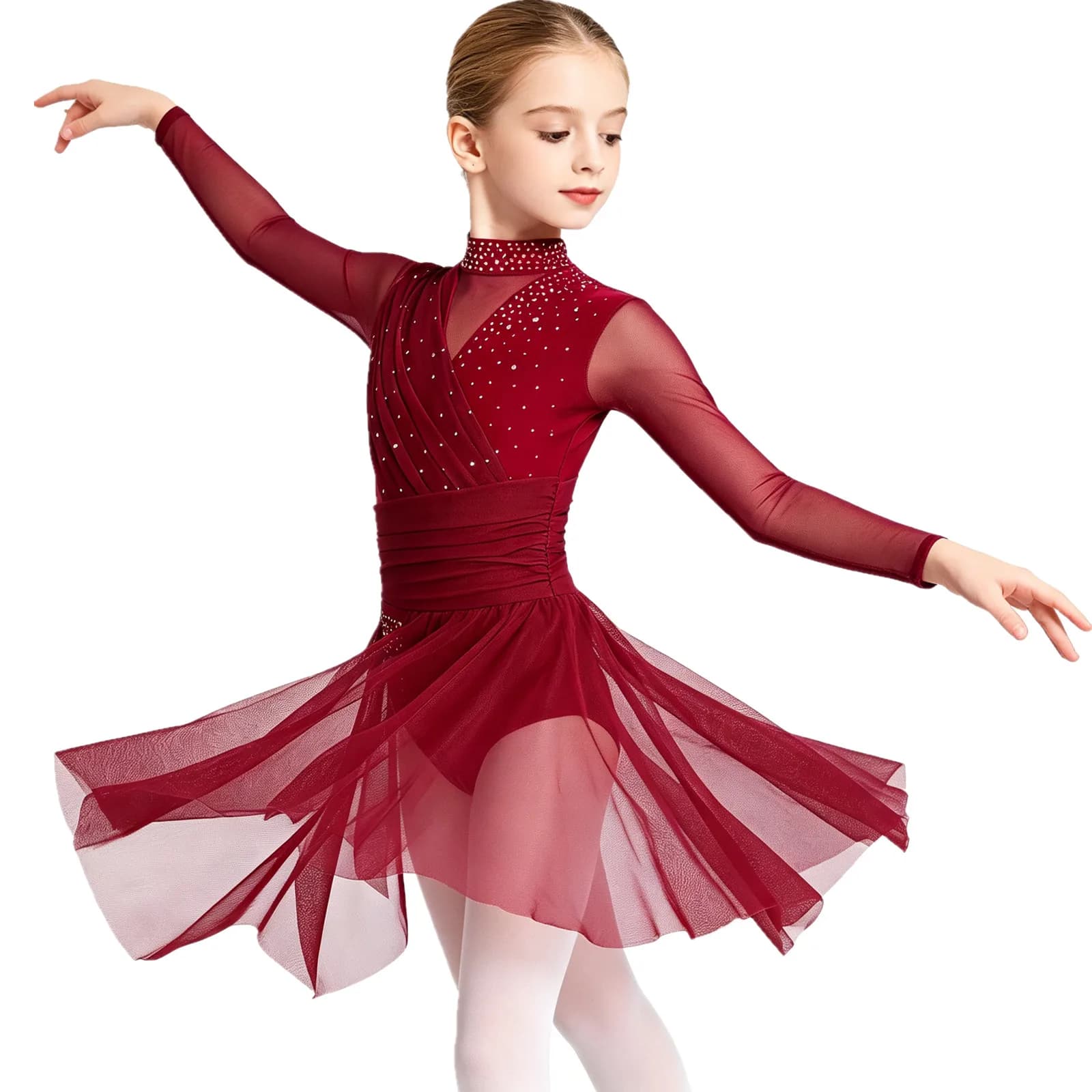 Bambini Ragazze Ginnastica Pattinaggio di Figura Balletto Costume di danza lirica Abito con spacco laterale Abito con strass scintillanti increspati in rete trasparente