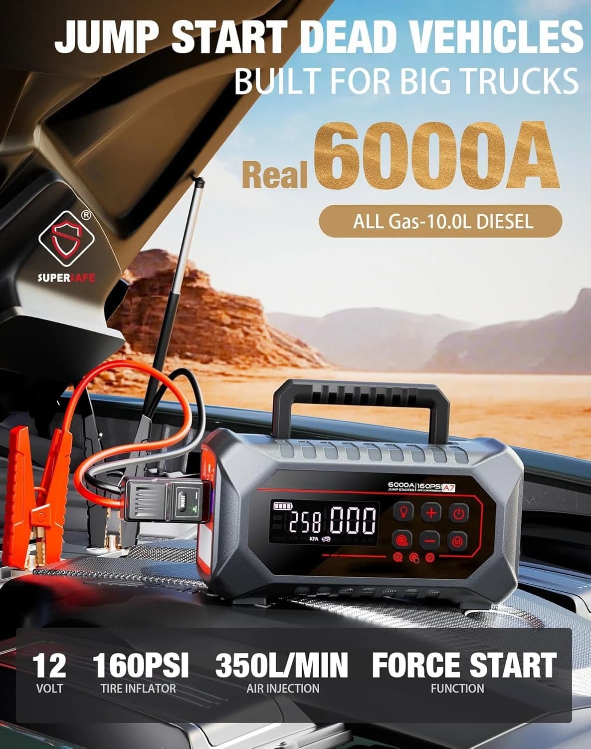 Avviatore di emergenza A7 con compressore d'aria, pacco booster portatile per avviamento a ponticello per batteria per auto 6000A e 160PSI 12V, vendite dirette in fabbrica