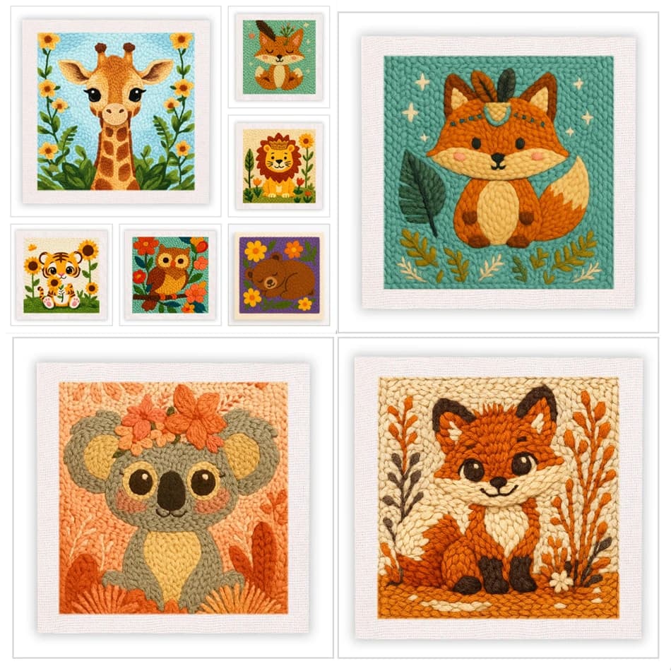 25x25cm Square Punch Needle Embroidery Kit Easy for Adults With Frame Fabric Animal Pattern Punch Needle Starter Craft Set