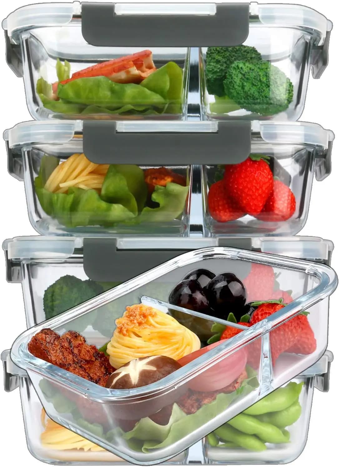 Set di 5 Contenitori in Vetro per Preparazione Pasti con 2 Scomparti, Coperchi a Chiusura Ermetica, Adatti per Microonde, Forno, Congelatore e Lavastoviglie (4,5 Tazze)
