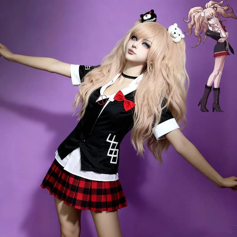 Gioco Anime Danganronpa Costume Cosplay Enoshima Junko Uniforme Cafe Lavoro Vestire Gonna Corta Monokuma Copricapi Doppia Coda di Cavallo Parrucca