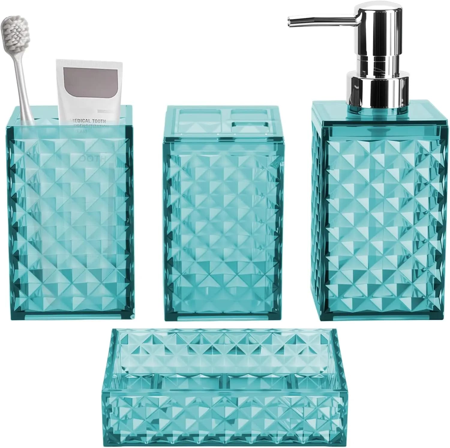 Set di 4 Accessori da Bagno in Plastica con Motivo a Griglia, Dispenser Sapone, Portasapone, Portaspazzolino e Bicchiere per Collutorio