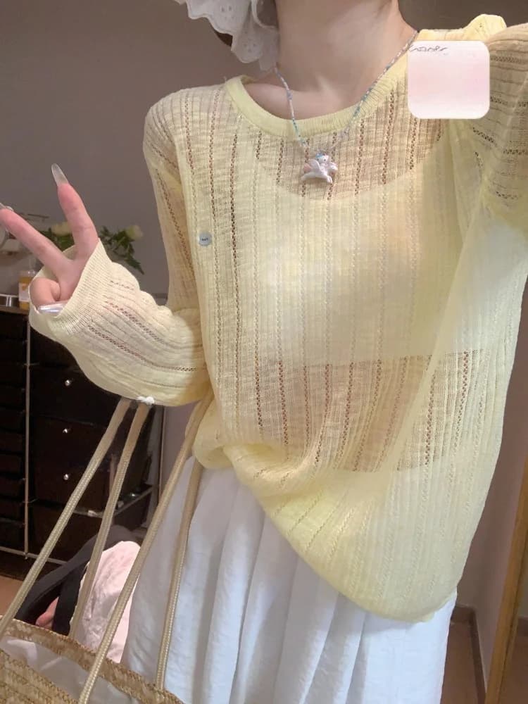 Miu Style Yellow Back Hollow out Knitted Light Weight Loose Women's T-Shirt Summer Pure Desire Comfortable Breathable Top