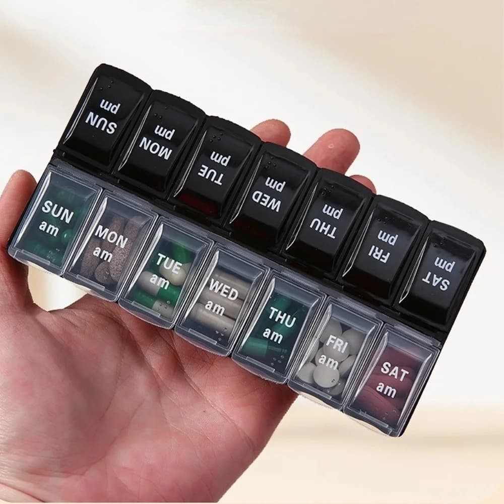 New Premium Weekly Organizer for Large Pills, Container for 14 Areas for 2 Doses per Day, Ideal for Vitamins, Supplements and Fish Oils