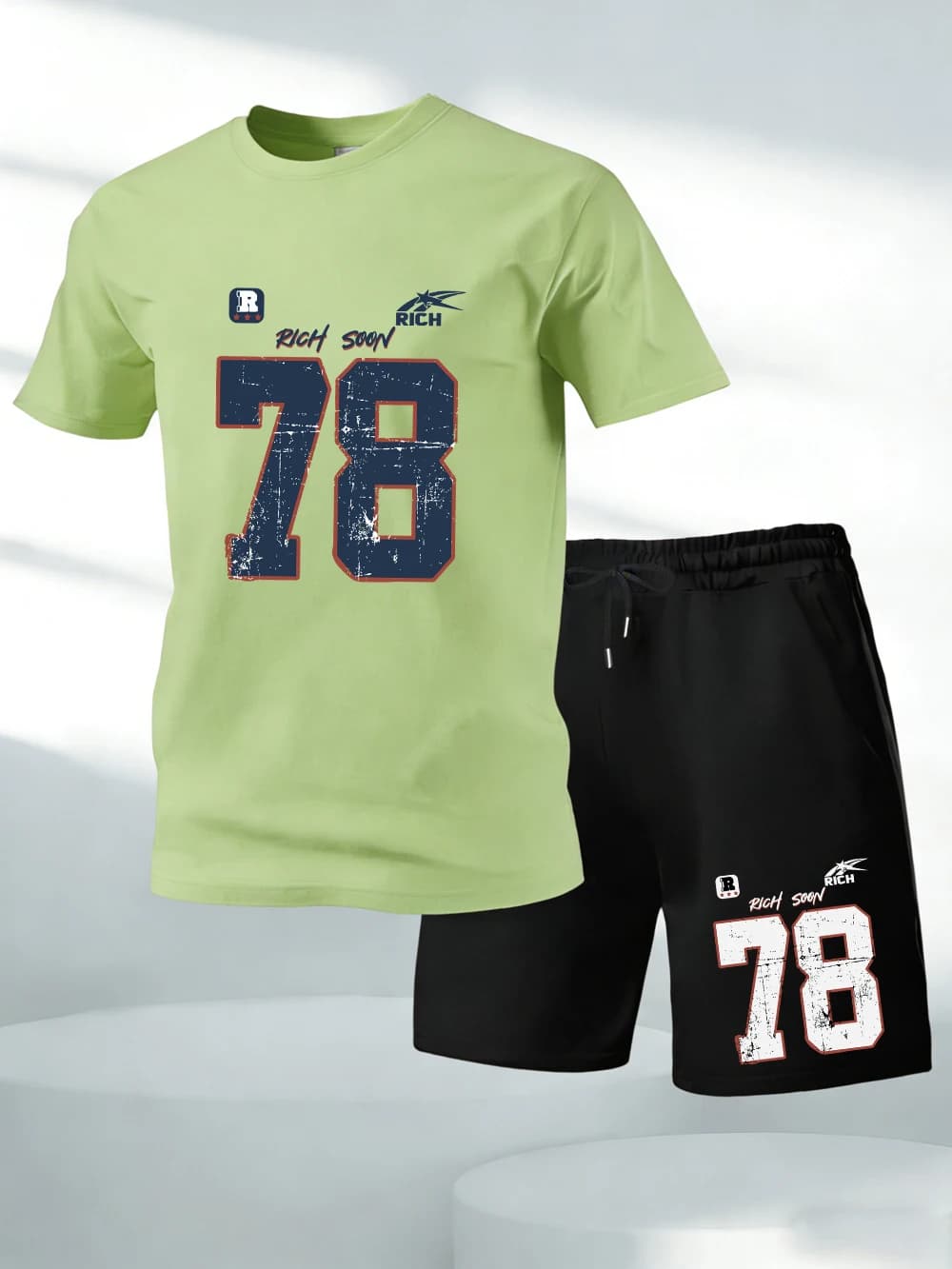 Set Two Pieces Rich Soon Number 78, Top in Printed Cotton and Shorts, T-Shirt Oversize Soft with O-neck and Pockets, Men's High Waist Pants