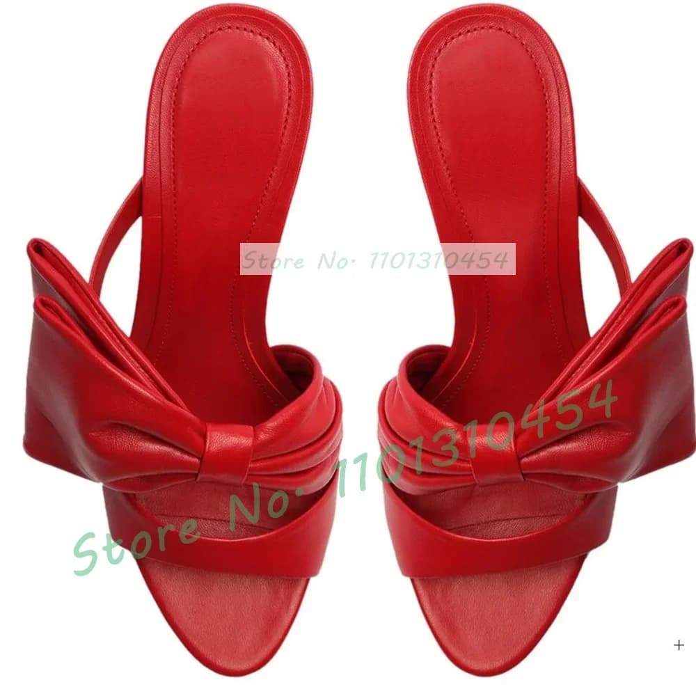 Ciabatte rosse con tacco alto con fiocco grande Ciabatte da donna sexy open toe eleganti scarpe metallizzate da donna Pantofole a spillo sottili alla moda chic estive