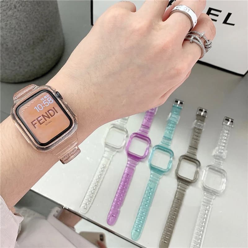 Cinturino Glitter + custodia per cinturino Apple Watch 42 38 44 40 41 45 Clear Candy Woman bracciale iWatch series 8 7 6 SE 5 4 3 2 1 accessori