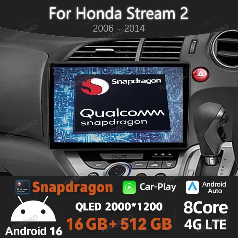 Autoradio Android 16 per Honda Stream 2 2006-2014, Lettore Multimediale Stereo Video, GPS, Navigatore, Bluetooth, 4G LTE, 5G WIFI, Qualcomm, 2DIN, QLED