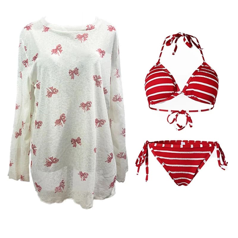 Set bikini a righe rosse da donna New Soak Spa Split Tentazione sexy Costumi da bagno stile vacanza Spice Girls Trikini con copertura
