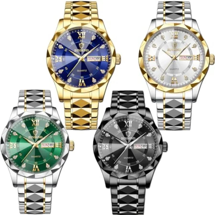 Set di 4 Orologi con Diamanti, Eleganti e da Cerimonia, Analogici al Quarzo, in Acciaio Inossidabile, Impermeabili, Luminosi, con Data, Argento, Blu, Nero, Oro, Lussuosi Casual