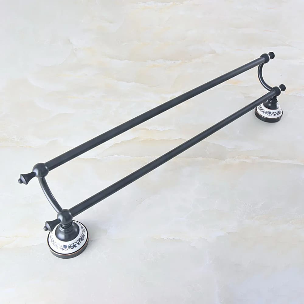 Accessorio da bagno a parete in ottone lucidato a olio nero, portasciugamani doppio, portasciugamani Lba752