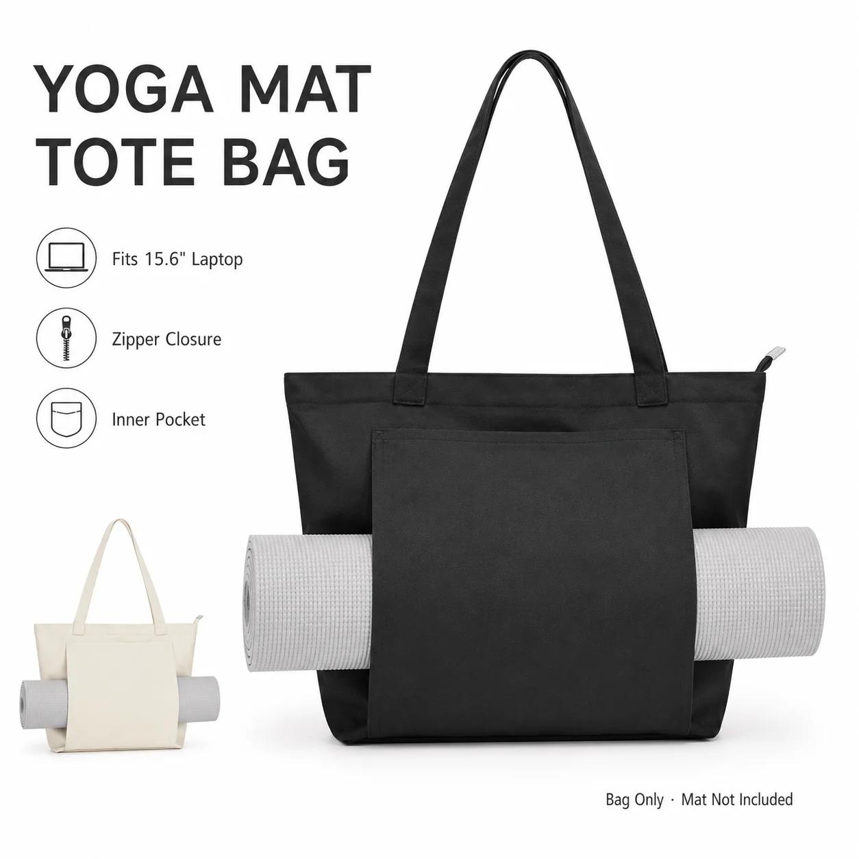 Yoga Mat Tote Bag Large Capacity Women's Sports Shoulder Bag with Zipper Fits 15.6 Inch Laptop for Gym Pilates Workout Travel