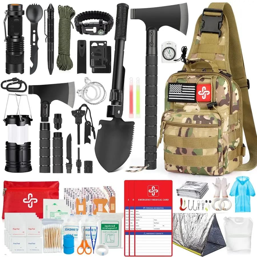 Kit di Sopravvivenza da 262 Pezzi con Borsa per Pronto Soccorso e Tracolla, Kit di Emergenza con Tenda, Ascia da Campeggio e Martello