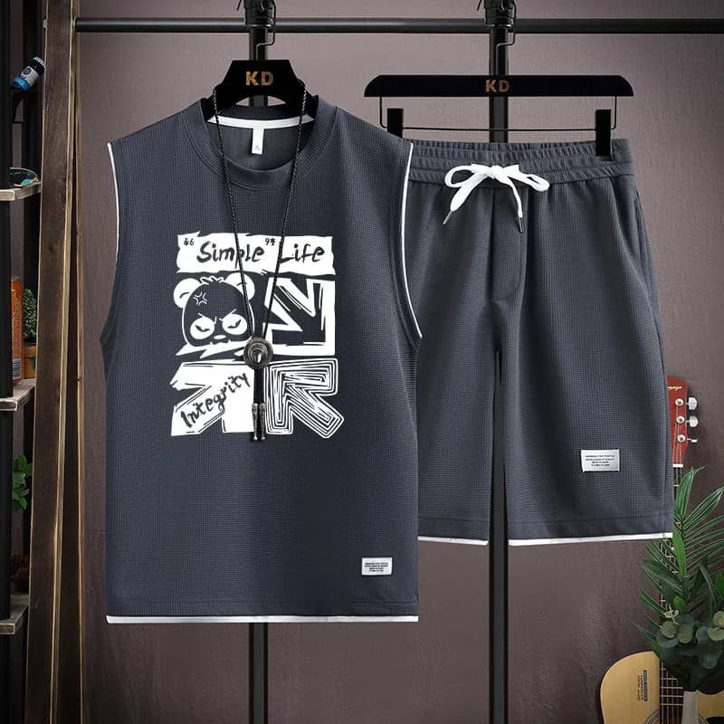 Completo sportivo casual estivo per ragazzi adolescenti, gilet e pantaloncini in fibra di poliestere, senza maniche, elegante completo due pezzi.
