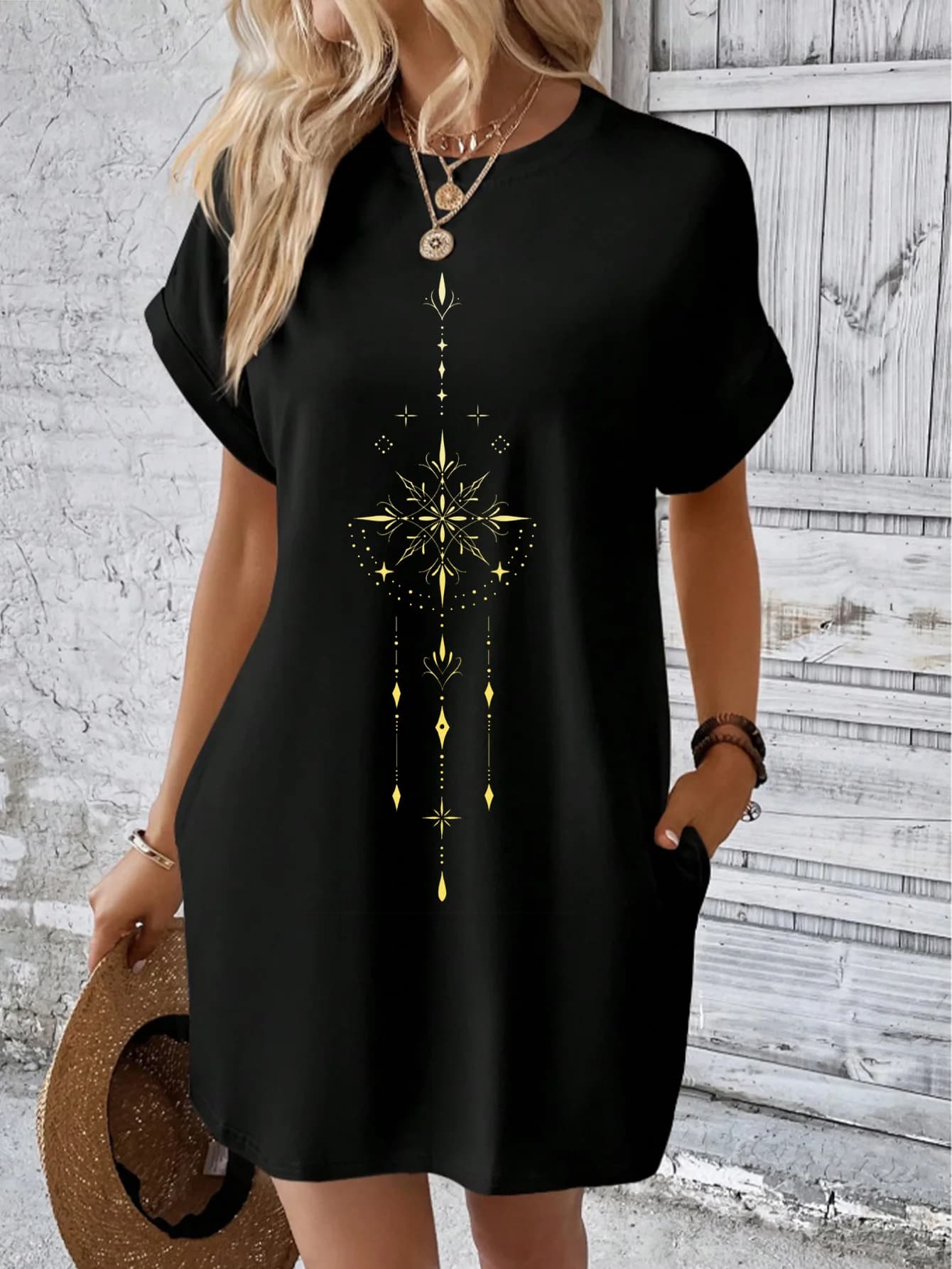 Fashion women's black crew neck dress, premium Sorona fabric, with golden star dreamcatcher print, stylish and versatile.
