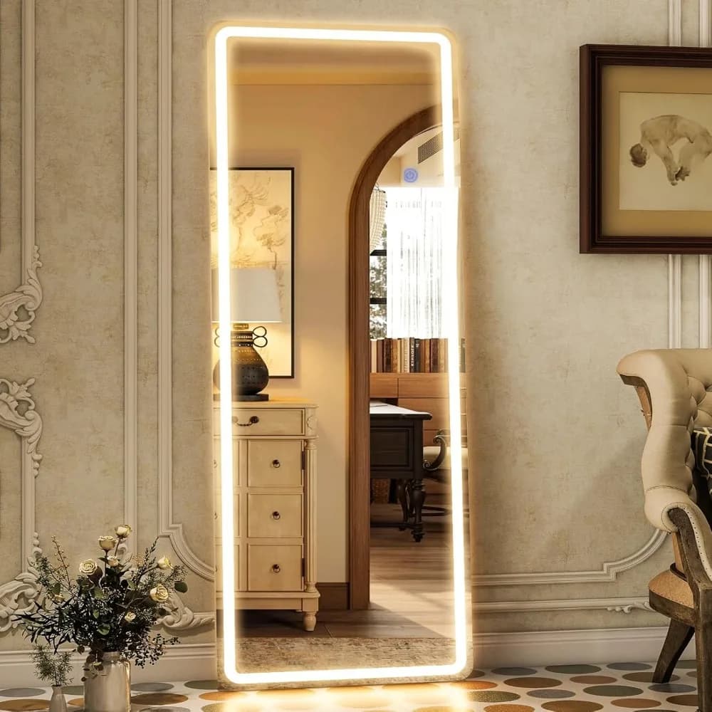Specchio a figura intera a LED da 64 x 21 pollici con luci, montaggio a parete o indipendente per camera da letto, soggiorno, bagno